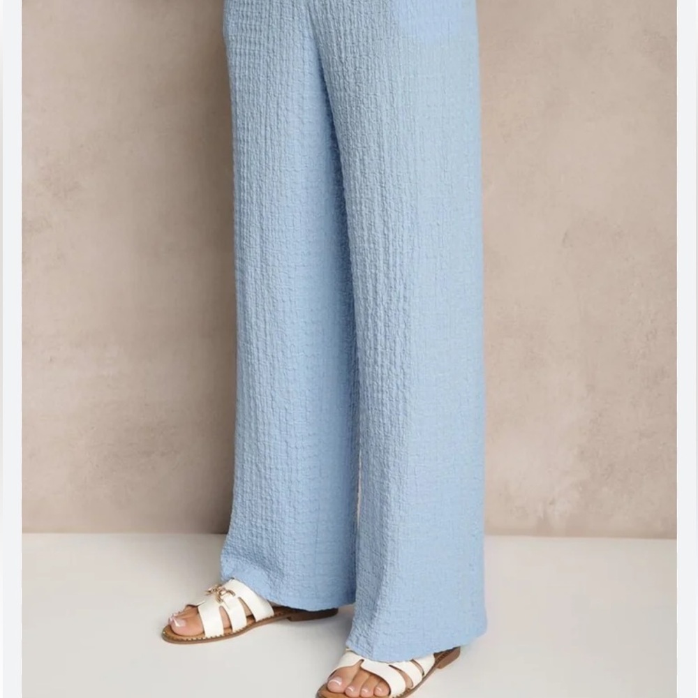 Greige Textured Wide Leg Pants Size M Light Blue Elastic Waist Lounge Pant G-8